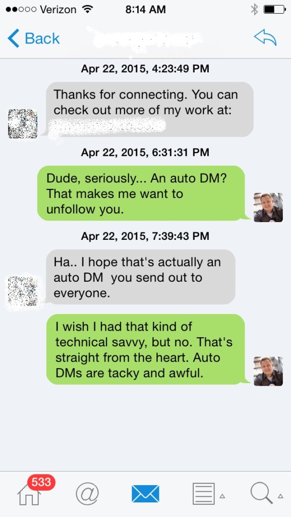 Twitter Auto-DMs are tacky and awful.